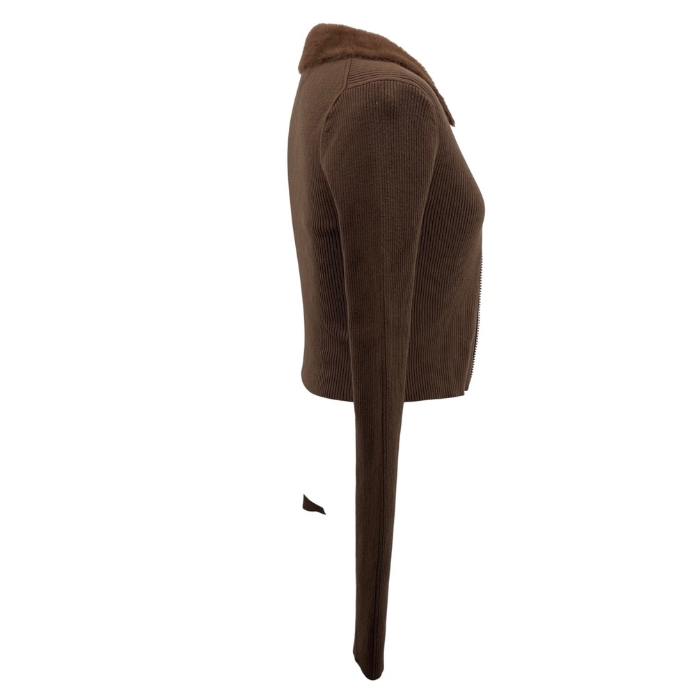 American Eagle Women Size S Zip Up Cardigan Brown Faux Fur Collar Ribbed Sweater - Picture 5 of 8